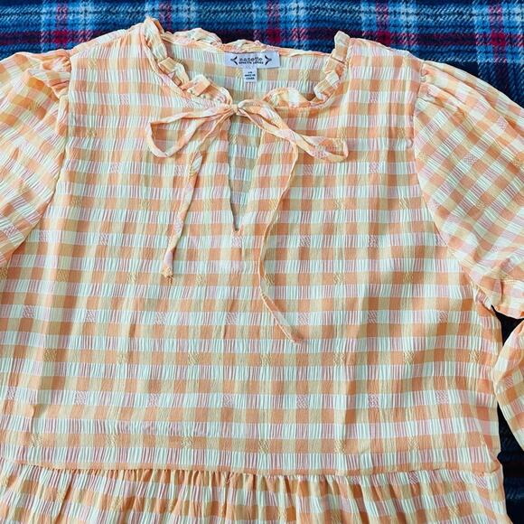 Nanette Lepore Gingham Tie Neck Keyhole 3/4 Sleeve Dress Cottage mini tiered π» - Picture 6 of 10